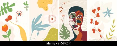Abstract creative trendy set design template banner cover background with nature flowers and woman with face mask. For social media network stories Stock Vector