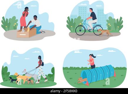 Owners caring for pets 2D vector web banner, poster set Stock Vector