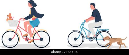 Caucasian man and woman on bicycle with dogs flat color vector detailed character set Stock Vector