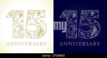 15 years old luxury celebrating folk numbers. Template gold and silver colored 15 th happy anniversary greetings, ethnics flowers, plants, paradise bi Stock Vector