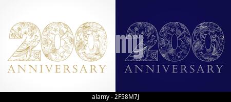 Creative logo concept of 200th anniversary congrats in ethnic patterns and birds of paradise. Isolated abstract graphic design template. Top 200, 0, s Stock Vector