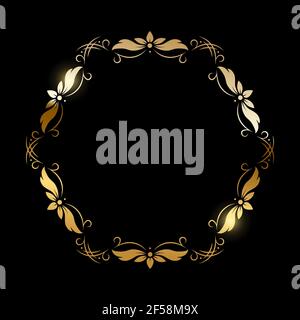 Gold flower pattern circle frame on black background. Round floral decorative golden ornament border vector illustration. Simple vintage card for wedd Stock Vector