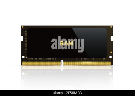 Ram memory chip. Computer processor part vector illustration. PC black electronic flash card with information on white background. Internal hardware t Stock Vector