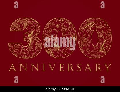 Creative logo concept of 300th anniversary congrats in ethnic patterns and birds of paradise. Isolated abstract graphic design template. Top 300, 0, s Stock Vector