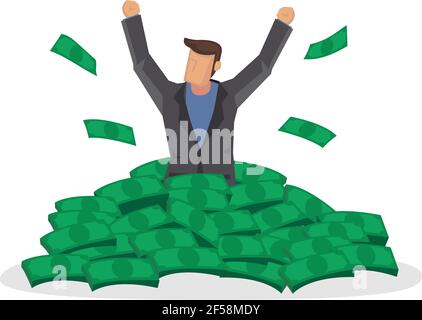 Happy rich man with big heap of stacked money. Billionaire business man or smiling on a huge cash pile. Business success. Flat isolated vector illustr Stock Vector