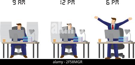 Businessman working from 9 to 6. Concept of work life balance, work progress or work efficiency. Flat isolated vector illustration. Stock Vector