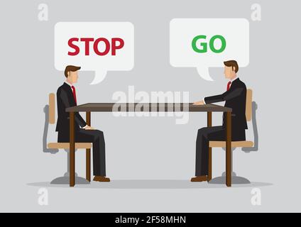 Two cartoon professionals cannot meet eye to eye in business meeting. Vector illustration isolated on plain grey background. Stock Vector