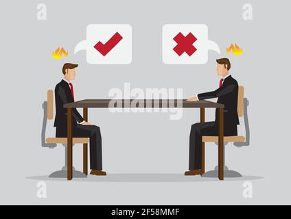 Two cartoon professionals cannot meet eye to eye in business meeting. Vector illustration isolated on plain grey background. Stock Vector