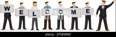 Illustration of business people holding white board cards title welcome on a white background. Celebrate the arrival of a new colleague. Stock Vector