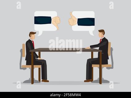 Two cartoon professionals cannot meet eye to eye in business meeting. Vector illustration isolated on plain grey background. Stock Vector