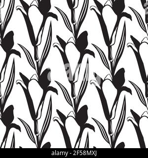 Black simple lily pattern. Seamless black white flower pattern. Vector illustration. Stock Vector