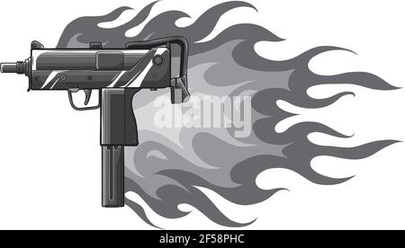 Vector illustration of a uzi gun with flames Stock Vector