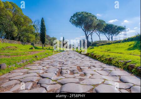 Rome (Italy) - The archeological ruins in the Appian Way of Roma (in italian: 'via Appia Antica'), the most important Roman road of the ancient empire Stock Photo