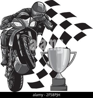 design of Riders on sport motorbike with cup and race flag Stock Vector