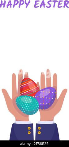 Vertical banner with hands holding painted Easter eggs Stock Vector