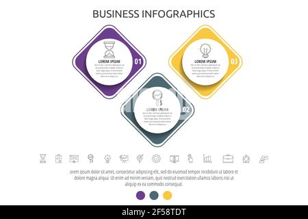 Modern and simple flat vector circles infographic with 3 steps, rhombus. Timeline for diagram, chart, workflow layout, presentations, flowchart Stock Vector