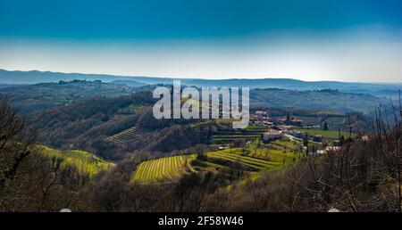 Kojsko Village  Panorama on Nearby Area. Wide View on Cultivated Area on Early Spring Day. Rear View. Stock Photo