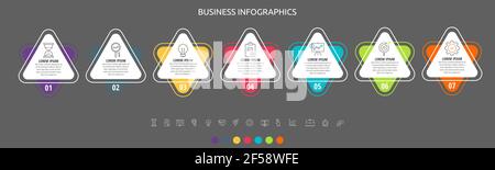Modern and simple flat vector triangle infographic with 7 steps. Timeline for diagram, chart, web, workflow layout, presentations, flowchart, info Stock Vector