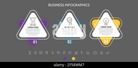 Modern and simple flat vector triangle infographic with 3 steps. Timeline for diagram, chart, web, banner, workflow layout, flowchart, info graph Stock Vector