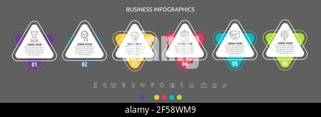 Modern and simple flat vector triangle infographic with six steps. Timeline for diagram, chart, web, banner, presentations, flowchart, info graph Stock Vector