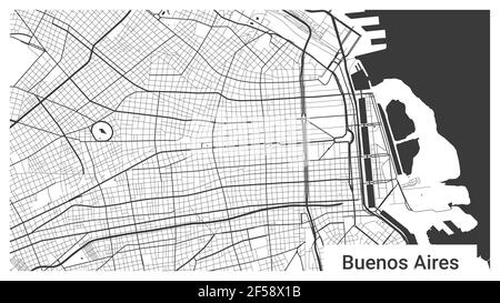 Map of Buenos Aires city, Argentina. Horizontal background map poster black and white land, streets and rivers. 1920 1080 proportions. Royalty free gr Stock Vector