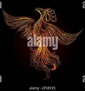 Rising Fire burning Phoenix Bird on Black Background. Vector Illustration. Stock Vector