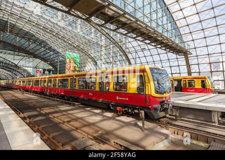 Berlin, Germany - August 20, 2020: S-Bahn Berlin suburban train S Bahn at main railway station Hauptbahnhof Hbf in Germany.