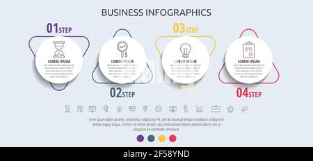 Modern and simple flat vector circles infographic with 4 steps, triangle. Timeline for diagram, chart, web, banner, workflow layout, flowchart, info Stock Vector
