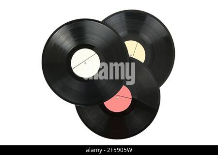 Three vinyl music discs isolated on white background. Stock Photo