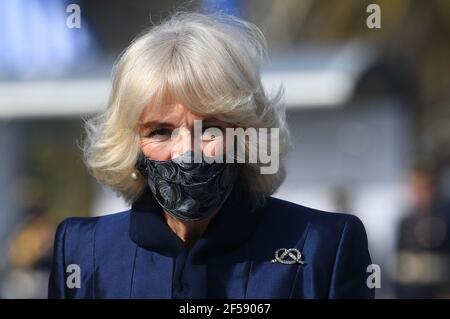 The Duchess of Cornwall attends a wreath laying ceremony at the Memorial of the Unknown Soldier in Syntagma Square, Athens, during a two-day visit to Greece to celebrate the bicentenary of Greek independence. Picture date: Thursday March 25, 2021. Stock Photo