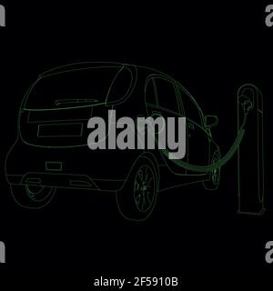 The circuit of an electric car on a charge. Back view. Contour of the car from green lines on a dark background. Vector illustration. Stock Vector