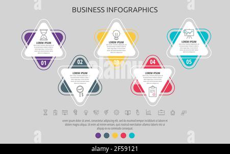 Modern and simple flat vector triangle infographic with 5 steps. Timeline for diagram, chart, web, banner, workflow layout, presentations, info graph Stock Vector