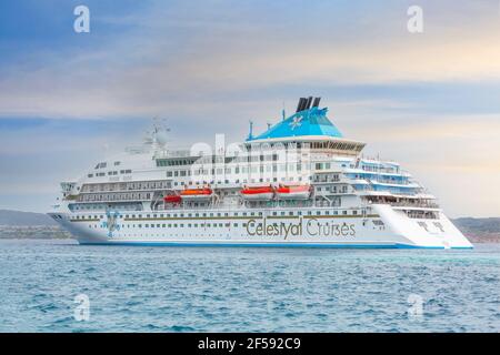 Milos, Greece - April 24, 2019: Celestyal Crystal cruise ship in the Aegean sea Stock Photo