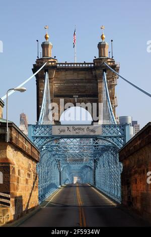 geography / travel, USA, Ohio, Cincinnati, John. A. Roebling Bridge (1867), Ohio Rive, Additional-Rights-Clearance-Info-Not-Available Stock Photo