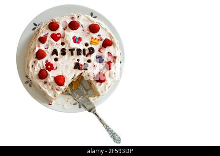 Childrens Birthday cake with text saying Astrid 4 years Stock Photo