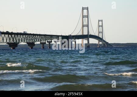 geography / travel, USA, Michigan, Mackinaw City, Mackinac Bridge across Mackinac Straits (connection , Additional-Rights-Clearance-Info-Not-Available Stock Photo