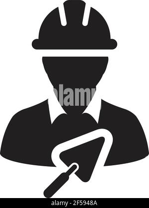 Construction icon with trowel vector male mason contractor worker person profile avatar with hardhat helmet in a glyph pictogram illustration Stock Vector