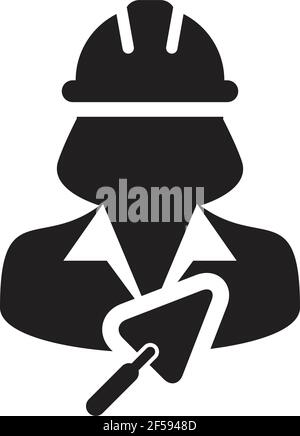 Trowel icon with construction worker female person profile avatar for contractor builder with hardhat in a glyph pictogram illustration Stock Vector