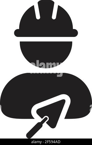 Construction worker icon with trowel vector male contractor person profile avatar with hardhat helmet in a glyph pictogram illustration Stock Vector