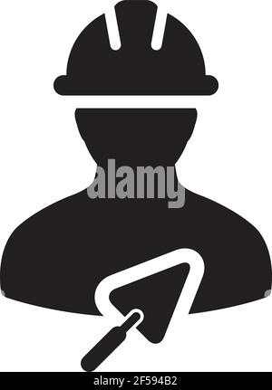 Trowel icon with construction worker male person profile avatar for contractor builder with hardhat in a glyph pictogram illustration Stock Vector