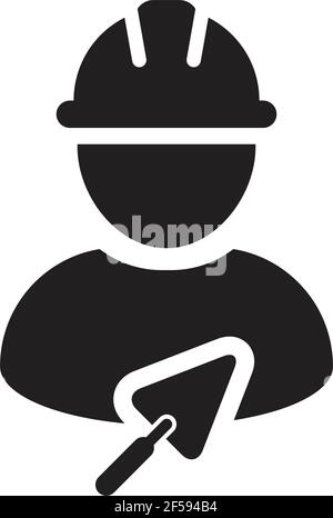 Labor icon with trowel vector male construction mason contractor worker person profile avatar with hardhat helmet in a glyph pictogram illustration Stock Vector
