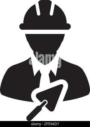 Labor icon with trowel vector male construction mason contractor worker person profile avatar with hardhat helmet in a glyph pictogram illustration Stock Vector
