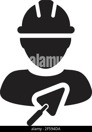 Labor icon with trowel vector male construction mason contractor worker person profile avatar with hardhat helmet in a glyph pictogram illustration Stock Vector