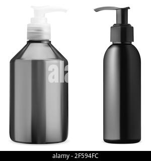 Cosmetic bottle mockup. Cleanser gel pump bottle. Pump dispenser package, black container set for liquid detergent or foam. Skin oil or hand wash crea Stock Vector