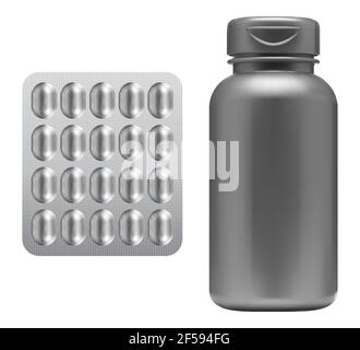 Pill bottle, medicine capsule blister mockup. Supplement jar blank. Plastic drug container isolated. Pharmaceutical medicament product can template. P Stock Vector