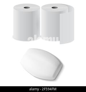 Toilet paper roll, soap bar 3d vector mock up box. Antibacterial hygiene soap blankfor bathroom, wc. Loo paper illustration isometric view. Recycle pa Stock Vector