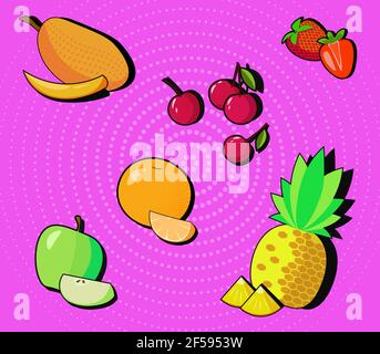 Vector pop art fruit and berries set Stock Vector