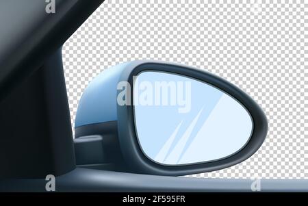 Mockup rear-view mirror, right, passenger. With empty space to insert an image. Isolated on transparent background. 3d realistic vector illustration. Stock Vector