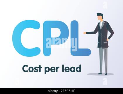 Cost per lead flat vector illustration. Pricing model. Isolated cartoon character with text CPL on white background. Stock Vector