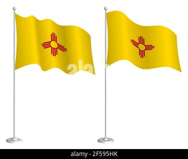 flag of american state of New Mexico on flagpole waving in wind. Holiday design element. Checkpoint for map symbols. Isolated vector on white backgrou Stock Vector